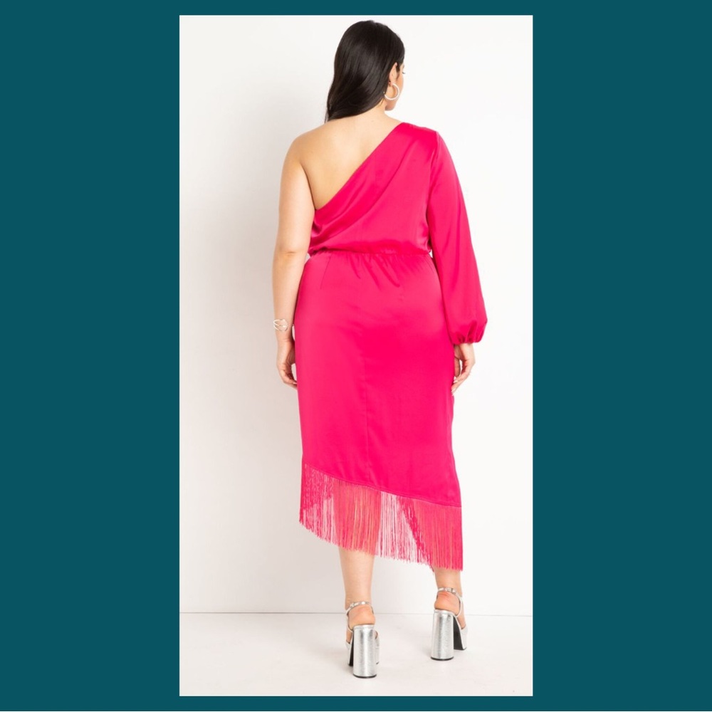 Eloquii Hot Pink One-Shoulder Fringe Cocktail Dress - Picture 2 of 8